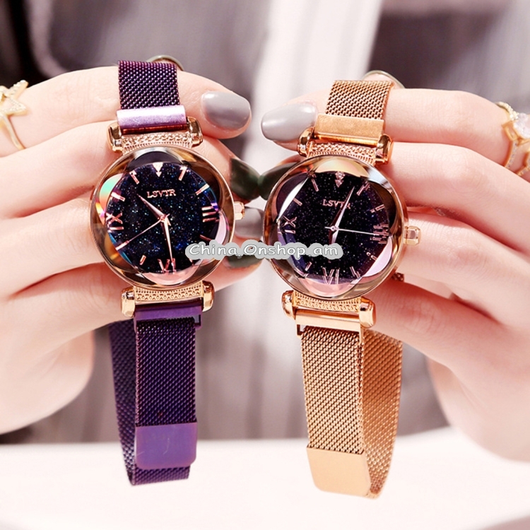 LSVTR Rhombus Mirror Diamond Starry Sky Dial PU Leather Strap Watch for Women