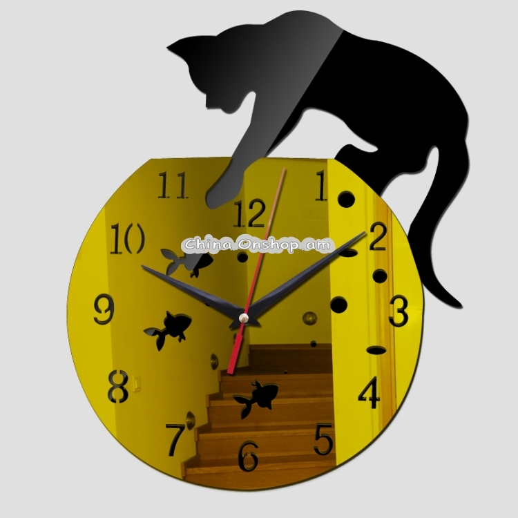 3D Acrylic Cat Mirror Wall Clock DIY Fashion Home Decoration