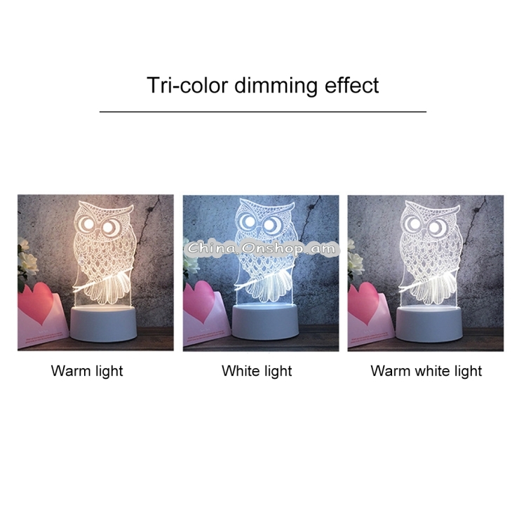 White Base Creative 3D Tricolor LED Decorative Night Light, Button Plug Version, Shape:Owl
