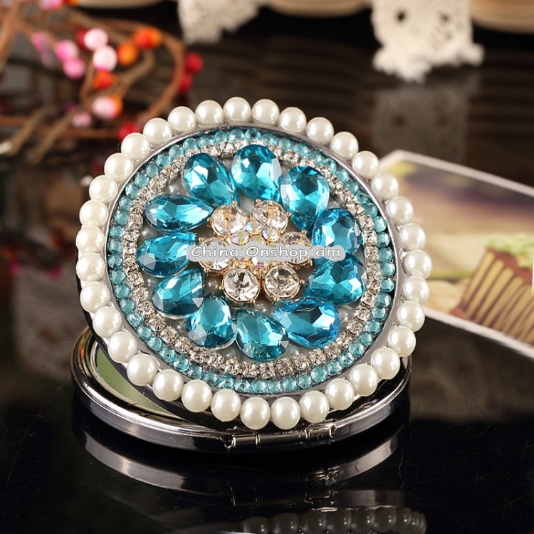 Handmade DIY Gemstone Diamond Mini Folding Cosmetic Mirror Double-sided Mirror