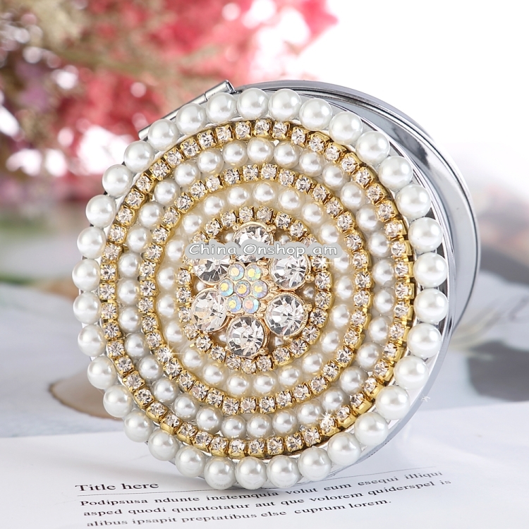 Metal Makeup Round Mirror Portable Diamond Mirror Folding Mini Double-sided Round Mirror