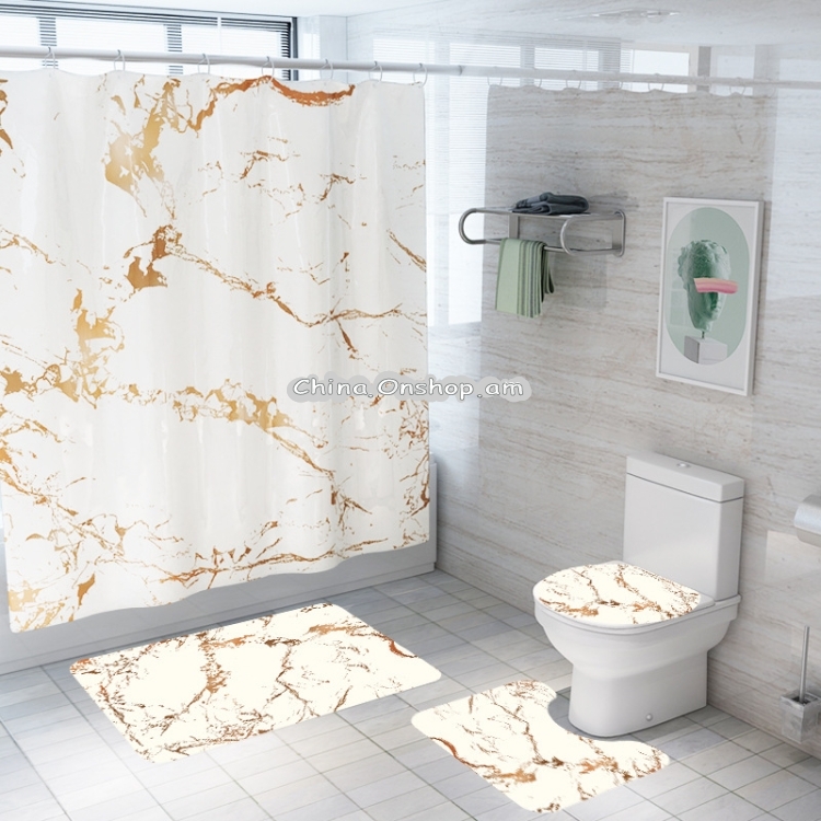Simple Marble Striped Waterproof Shower Curtain Carpet Toilet Mat Set