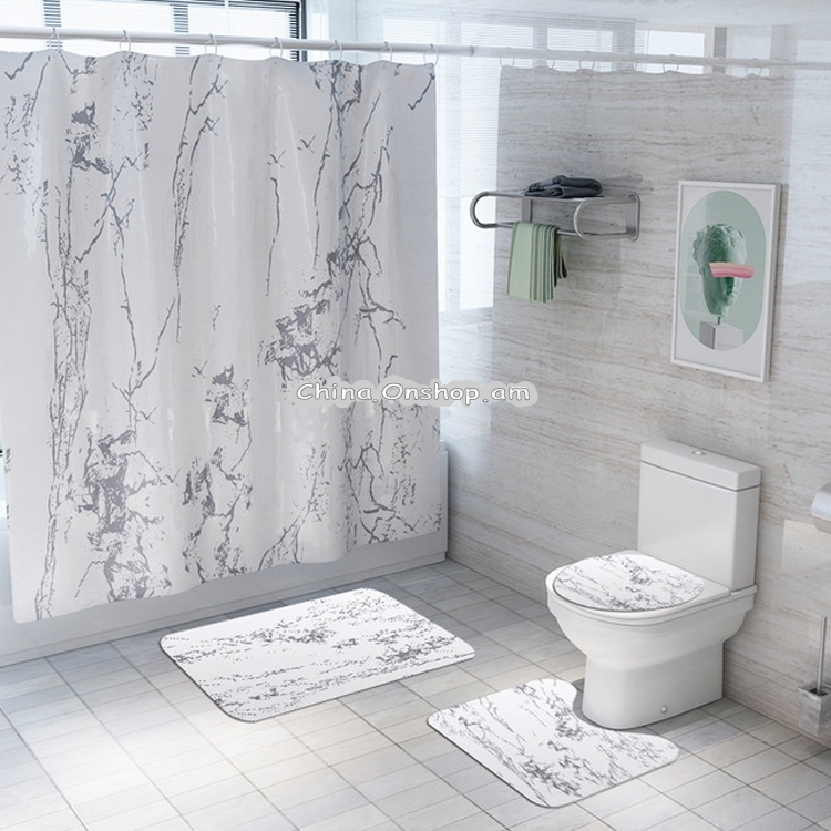 Simple Marble Striped Waterproof Shower Curtain Carpet Toilet Mat Set