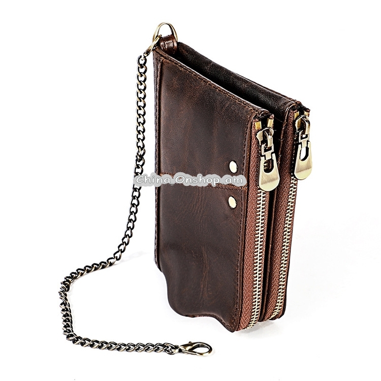 LT3533 Long Crazy Horse Texture Cowhide Leather Folding Anti-magnetic RFID Wallet Clutch Bag for Men, with Card Slots & Shoulder Strap(Coffee)
