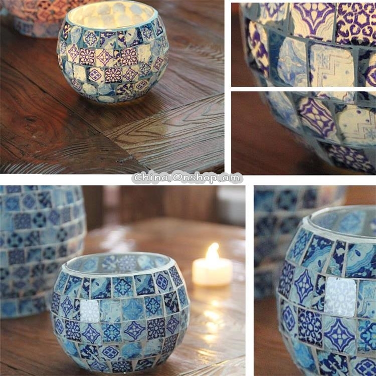 Mosaic Glass Candlestick Retro Ornaments Gift Bar Candle Cup Home Accessories(Blue And White Porcelain)