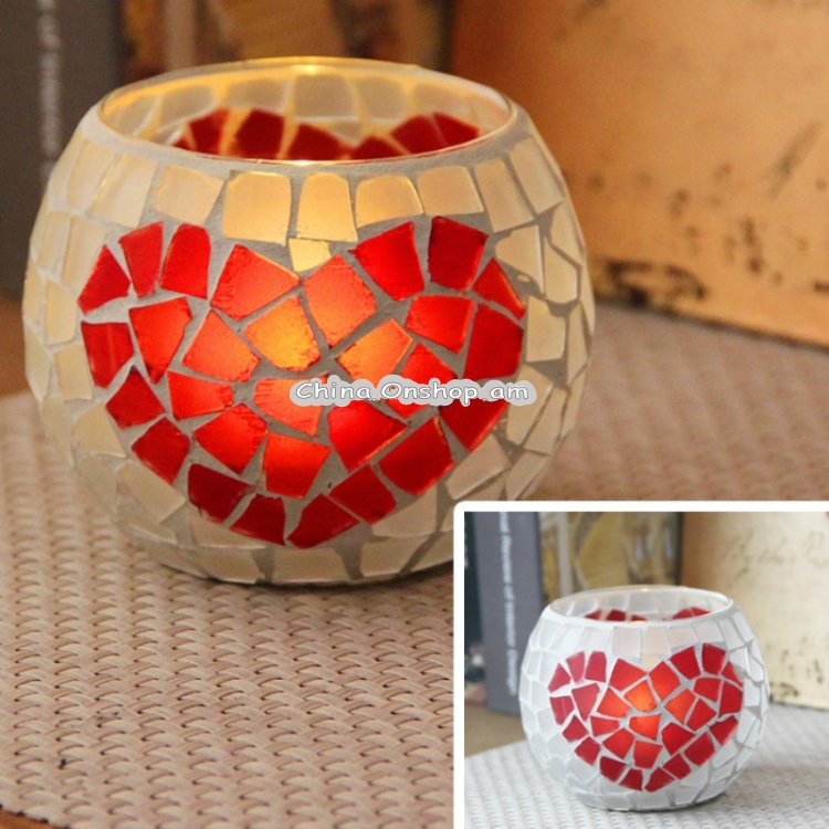 Mosaic Glass Candlestick Retro Ornaments Gift Bar Candle Cup Home Accessories(Heart-Shaped)