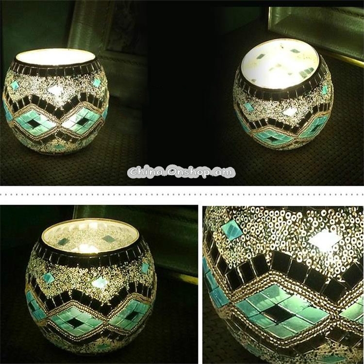 Mosaic Glass Candlestick Retro Ornaments Gift Bar Candle Cup Home Accessories(Blue Diamond)