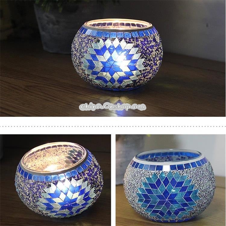 Mosaic Glass Candlestick Retro Ornaments Gift Bar Candle Cup Home Accessories(Blue Fowers )