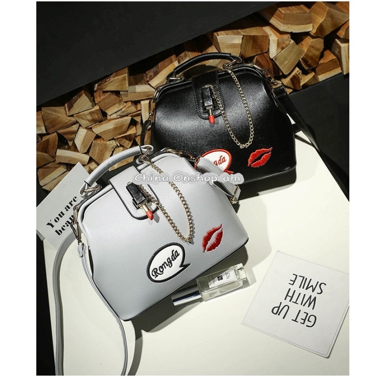 Embroidered Lipstick Doctor Bag Ladies Shoulder Bag Red Lip Handbag
