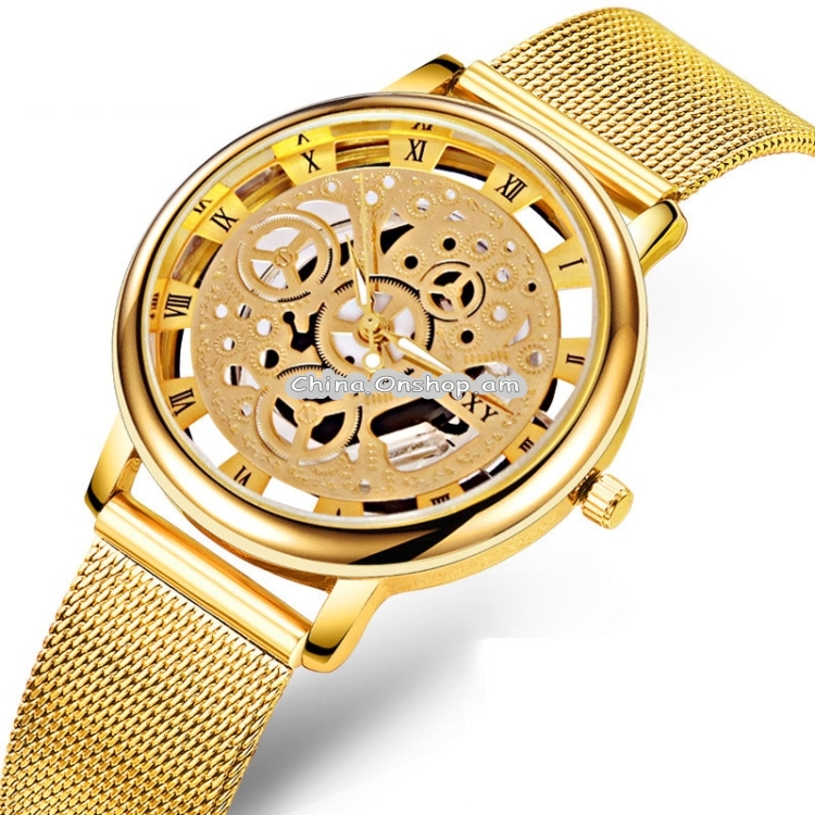 SOXY Fashion Business Skeleton Watch Men Engraving Hollow Quartz Wristwatch Stainless Steel Band Clock