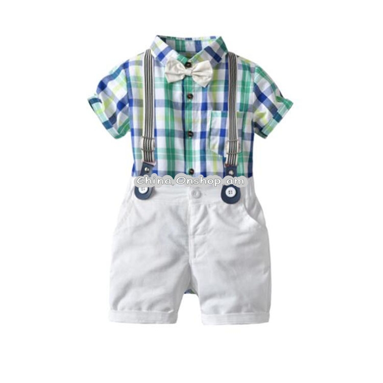 Summer Boys Plaid Short Sleeve Jumpsuits + Bib Shorts Set