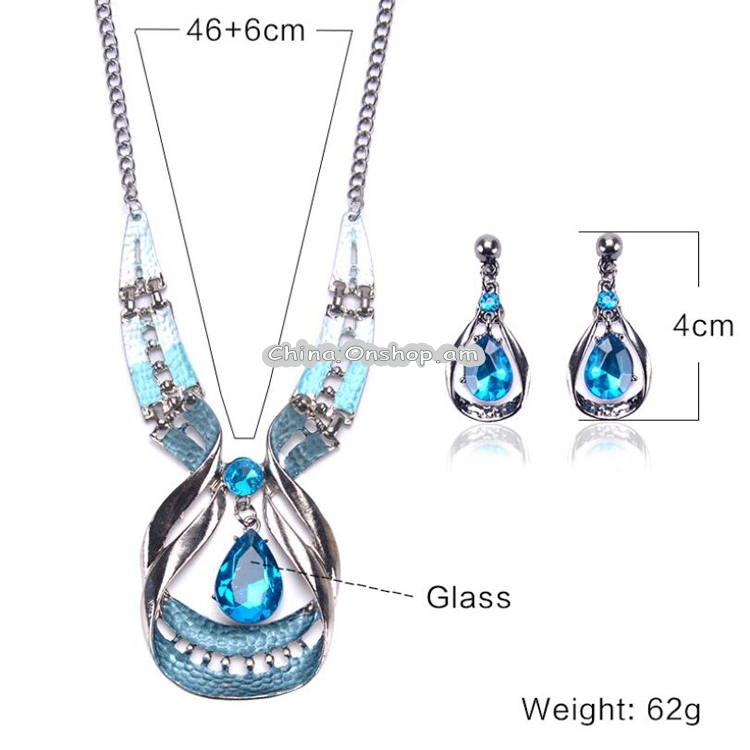 Women Fashion Waterdrop Diamond Earrings Necklace Jewelry Set