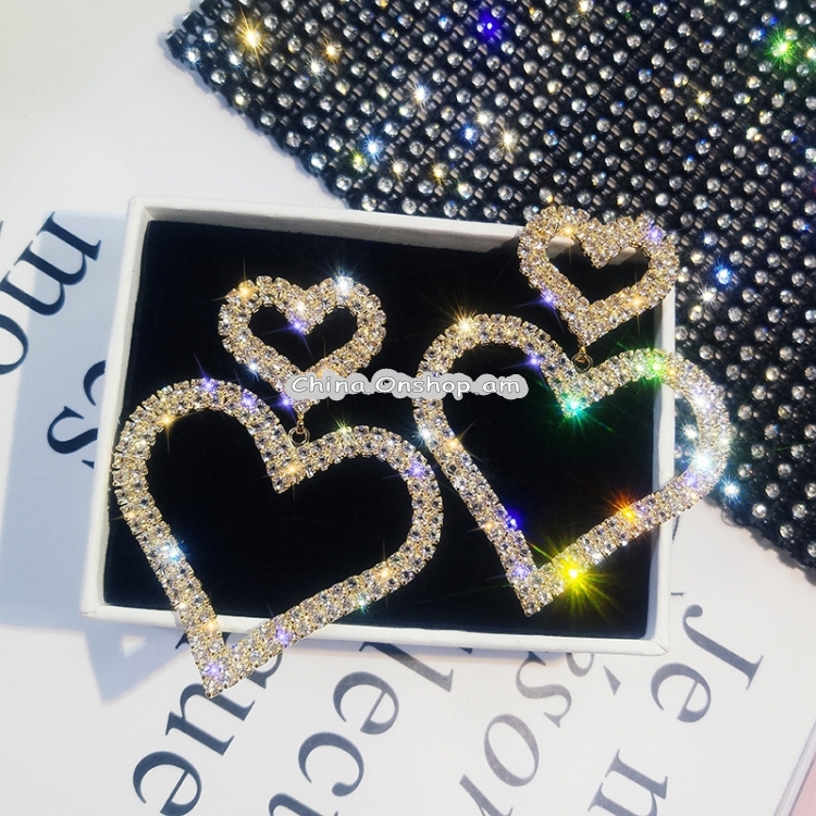 925 Silver Fashion Exaggerated Diamond Double Heart Long Earring For Women