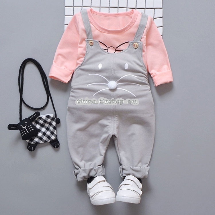 Girls Cartoon Mouse Pattern Bib + Long Sleeve T-Shirt Set