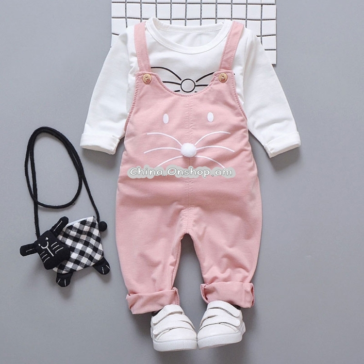 Girls Cartoon Mouse Pattern Bib + Long Sleeve T-Shirt Set