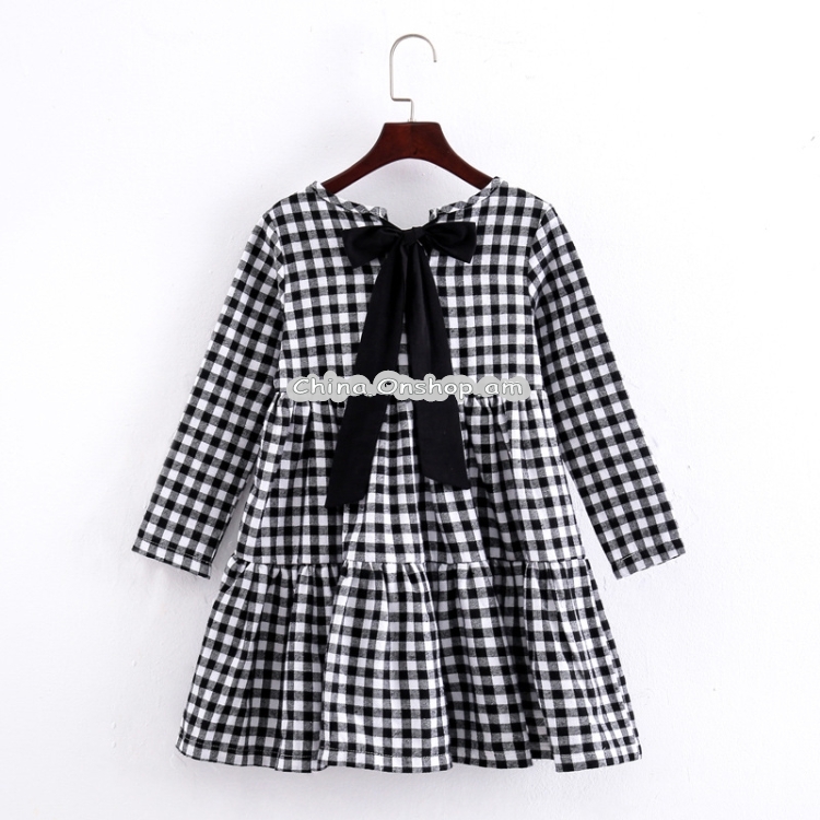 Autumn Girl Cotton Lattice Bow-knot Tie Long Sleeve Dress
