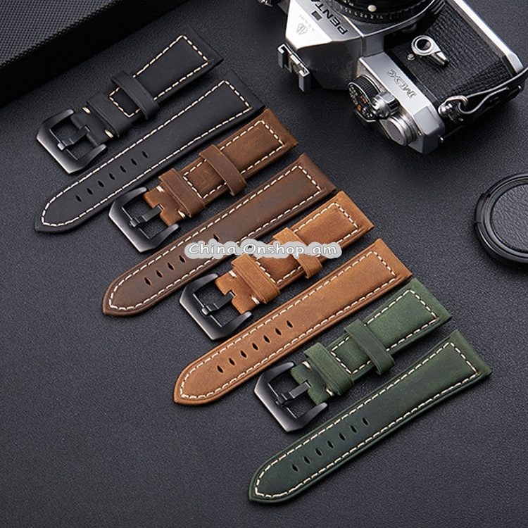 Crazy Horse Layer Frosted Black Buckle Watch Leather Wrist Strap, Size: 22mm
