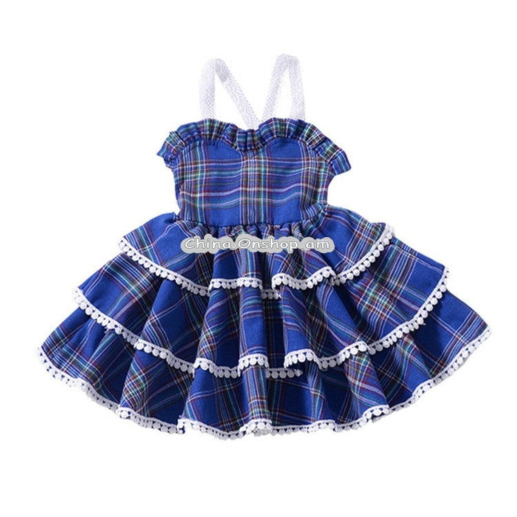 Girls Lace Sling Dress Plaid Tutu
