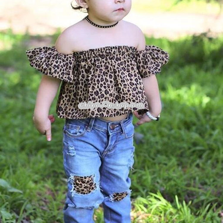 Girls Leopard Print Tube top + Denim Trousers + Hair Band Set