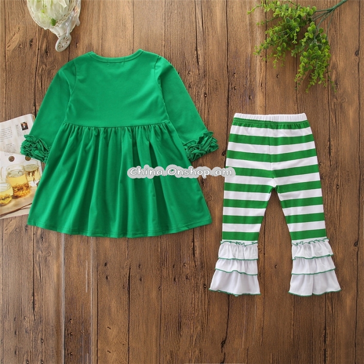 Children Cotton Solid Color Pleated Top + Horizontal Striped Trouser Set