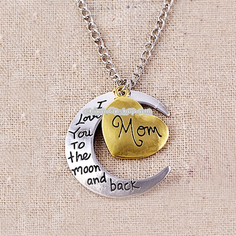 Half-Moon-Shaped Alloy Plated Pendant Necklace With Greetings Engraved At The Backside For Family, Diameter 3cm, Perimeter 9.4cm(Silver+Gold For mam)