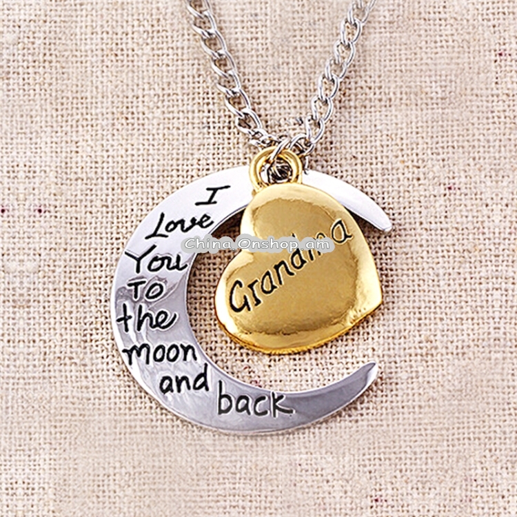 Half-Moon-Shaped Alloy Plated Pendant Necklace With Greetings Engraved At The Backside For Family, Diameter 3cm, Perimeter 9.4cm(Silver+Gold For grandma)