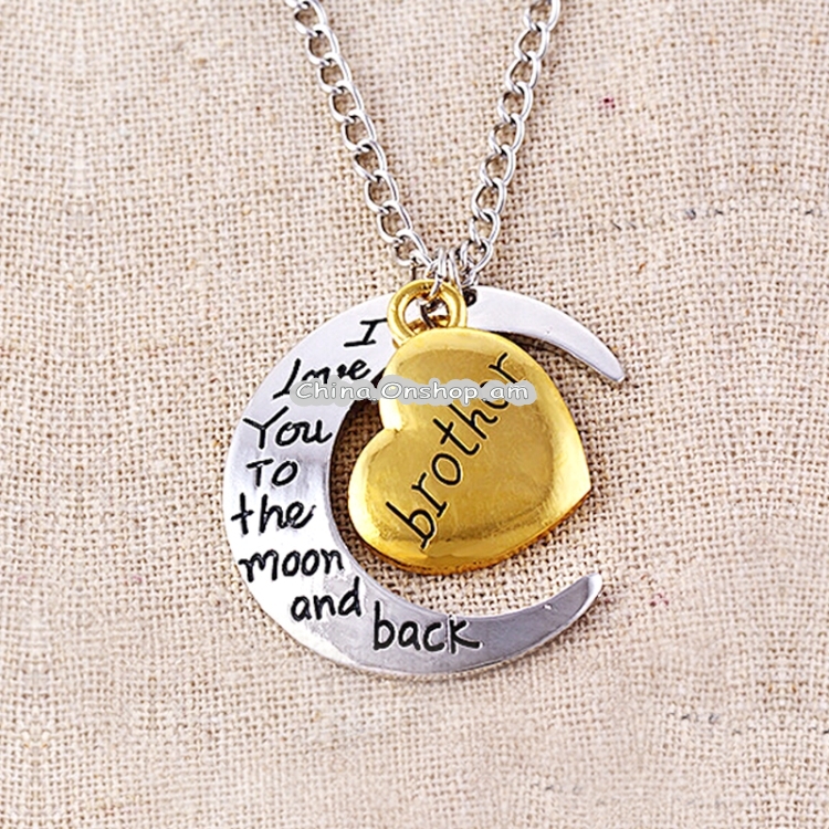 Half-Moon-Shaped Alloy Plated Pendant Necklace With Greetings Engraved At The Backside For Family, Diameter 3cm, Perimeter 9.4cm(Silver+Gold For brother)
