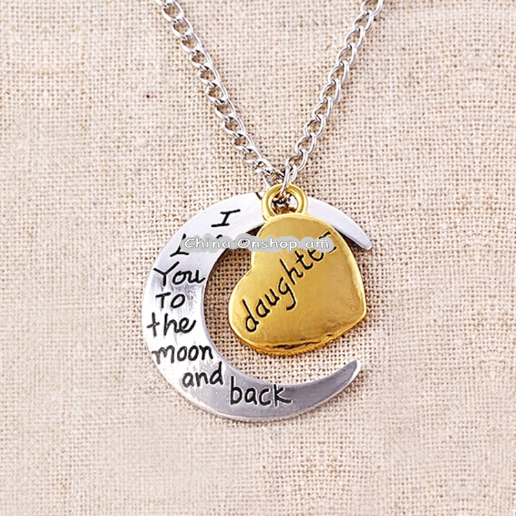 Half-Moon-Shaped Alloy Plated Pendant Necklace With Greetings Engraved At The Backside For Family, Diameter 3cm, Perimeter 9.4cm(Silver+Gold For daughter)