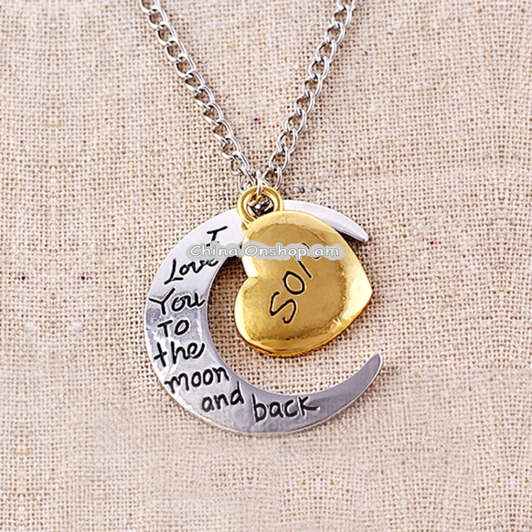 Half-Moon-Shaped Alloy Plated Pendant Necklace With Greetings Engraved At The Backside For Family, Diameter 3cm, Perimeter 9.4cm(Silver+Gold For son)