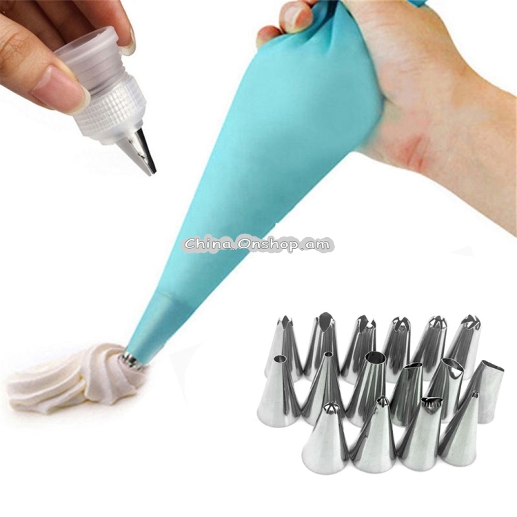 Reusable Silicone Pastry Bag Cake Decorating Tools with 16 Nozzles Tips