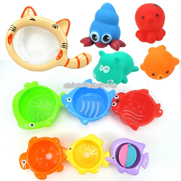 11 in 1 Bathroom Fishing Rubber Squeaky Animal Toy Stack Cup Children Bath Toy Set