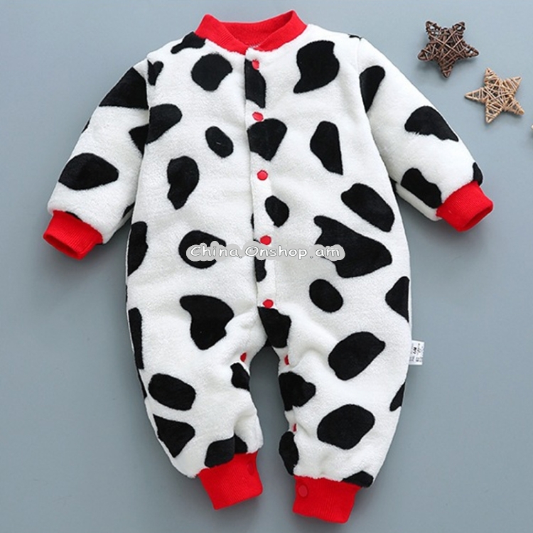 Autumn and Winter Babies Cow Texture Coral Fleece Warm Jumpsuit Romper