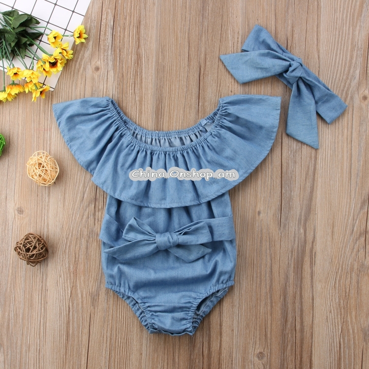 Female Babies Denim Lotus Leaf Collar Of Shoulder Jumpsuits Triangle Romper + Bow-knot Tie Set