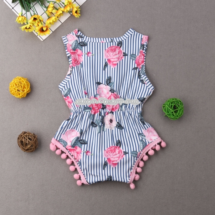 Summer Girls Rose Flower Print Stitching Striped Sleeveless Jumpsuit Romper