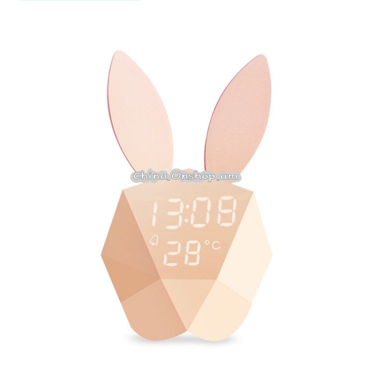LED Sound Night Light Thermometer Rechargeable Table Wall Clocks Cute Rabbit Shape Digital Alarm Clock(Pink)
