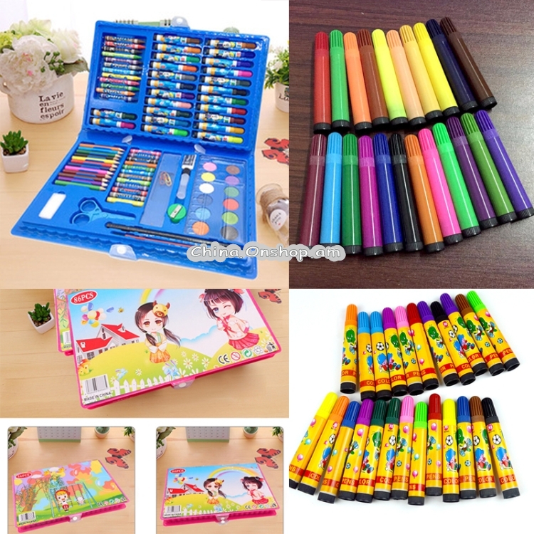 86 PCS Children Drawing Painting Art Set Blue Water Color Pen Crayon Oil Pastel Paint Brush Drawing Tool(86 PCS Pink)