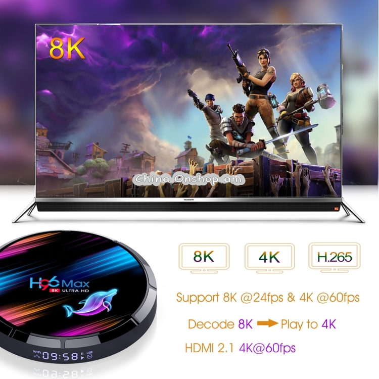 H96 Max 8K UHD Smart TV Box with Remote Controller, Android 9.0 Amlogic S905X3 64-bit Quad-Core ARM Cortex A55 CPU, 4GB+64GB, Support Dual Band WiFi / AV / HDMI / RJ45 / SPDIF