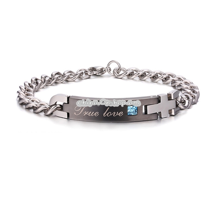 Valentines Day Gift Creative Trendy Titanium Steel Couple Bracelet for Woman, Engraved Words Style (Black + Blue)