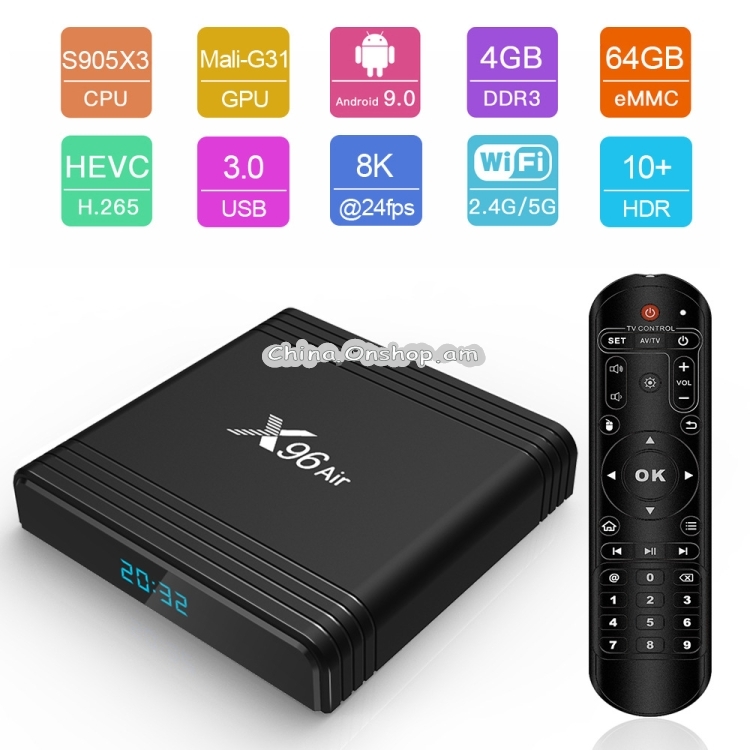 X96 Air 4K Smart TV BOX Android 9.0 Media Player wtih Remote Control, Quad-core Amlogic S905X3, RAM: 2GB, ROM: 16GB, Dual Band WiFi, EU Plug
