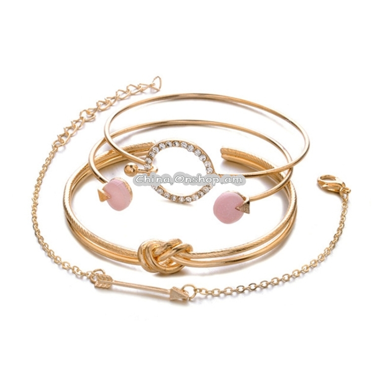 4 in 1 Classic Arrow Knot Round Crystal Gem Multilayer Adjustable Open Bracelet