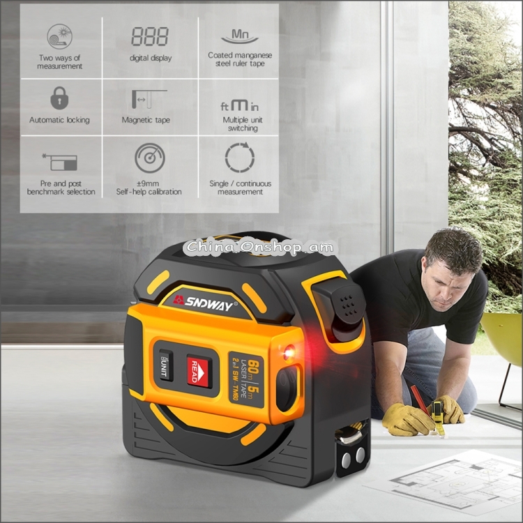 SNDWAY Digital Rangefinder Laser Distance Meter Tape Multi-function Self-Locking Hand Tool Device SW-TM60