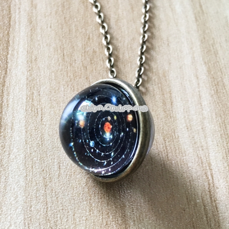 Double-sided Glass Ball Pendant Necklace Gem Universe Star Necklace Handmade Women Men Jewelry(Solar System)