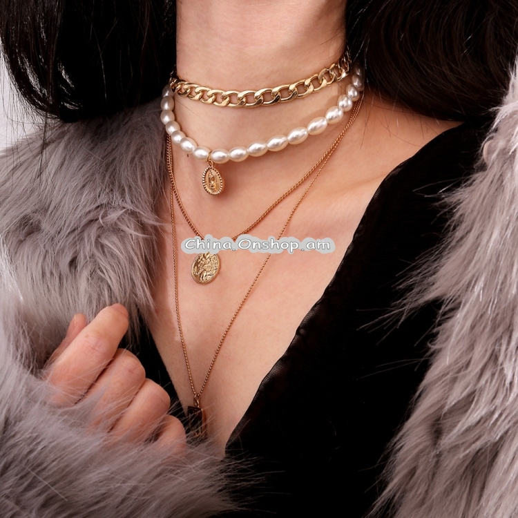 Punk Multi Layered Pearl Choker Necklace Collar Statement Virgin Mary Coin Crystal Pendant Necklace Women Jewelry