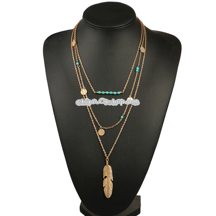 Multilayer Coin Tassels Beads Choker Feather Pendants Necklaces for Women