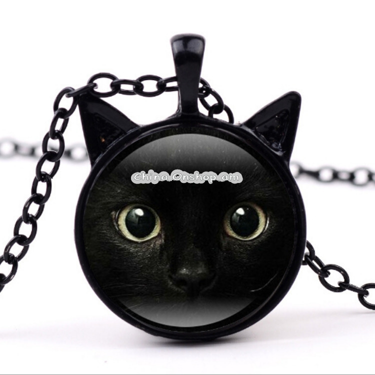 Painting Black Cat with Two Ears Jewelry Glass Cabochon Pendant Necklace