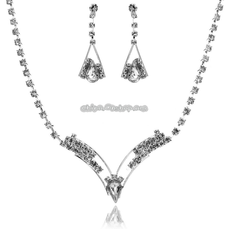 Wedding Sparkling V Shaped Rhinestone Jewelry Set for Women
