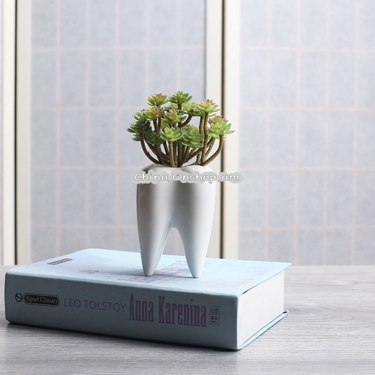 Succulent Potted Ceramic Pen Holder Home Decoration Tooth-shaped Desktop Ceramic Flower Pot, Without Plants