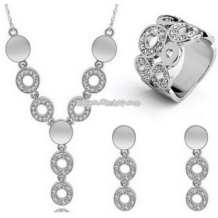 Fashion Crystal Women Circle Rhinestone Necklace Earrings Ring Set