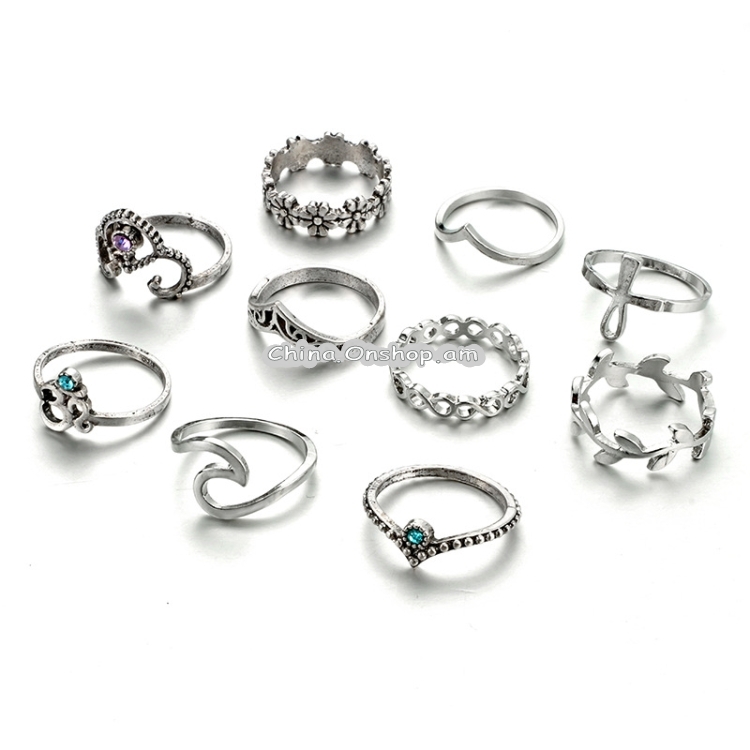 10 PCS/Set Bohemia Vintage Crystal Openwork V-shaped Flower Ring Set
