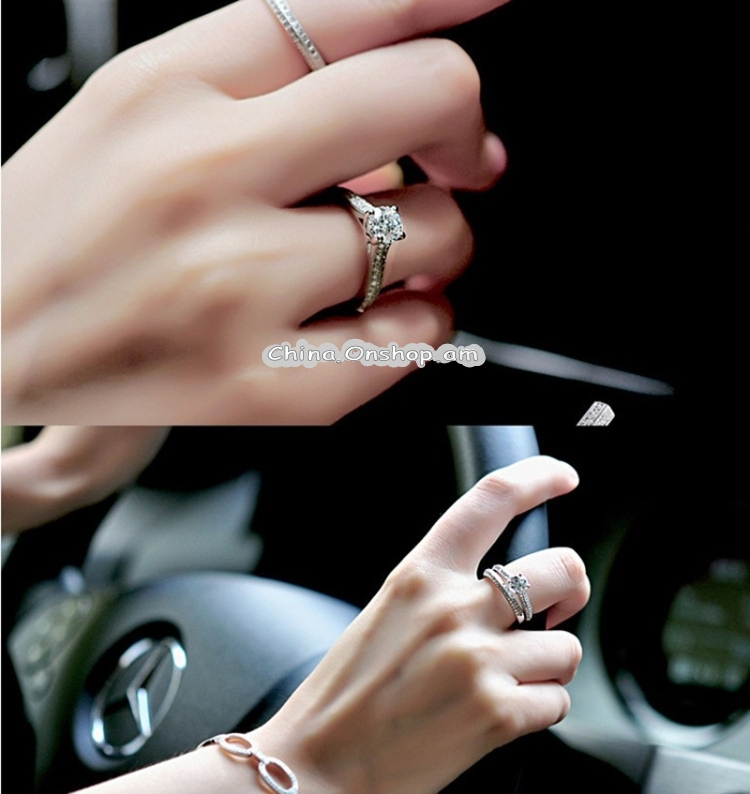 Silver Double Zircon Wedding Rings Set